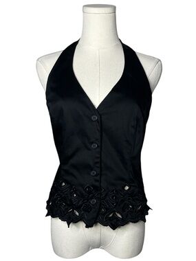 Y2K Vintage Cache Black Floral Cutout Halter Button Front Vest Top Whimsigoth